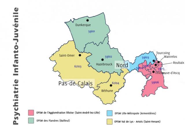 Carte du GHT Nord – Pas-de-Calais en Psychiatrie Infanto-Juvénile