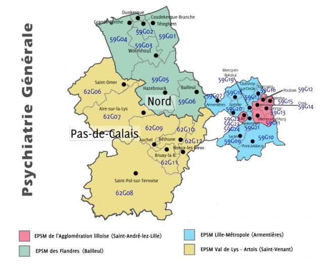 Carte du GHT Nord – Pas-de-Calais en Psychiatrie générale