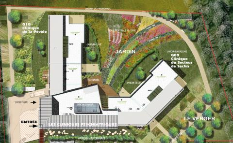Vue aérienne du bâtiment "Les cliniques psychiatriques", allée du bois de l'hôpital, Seclin qui regroupe la Clinique de la Pévèle (59G10) et la Clinique du Secteur de Seclin (59G09) en deux unités distinctes.